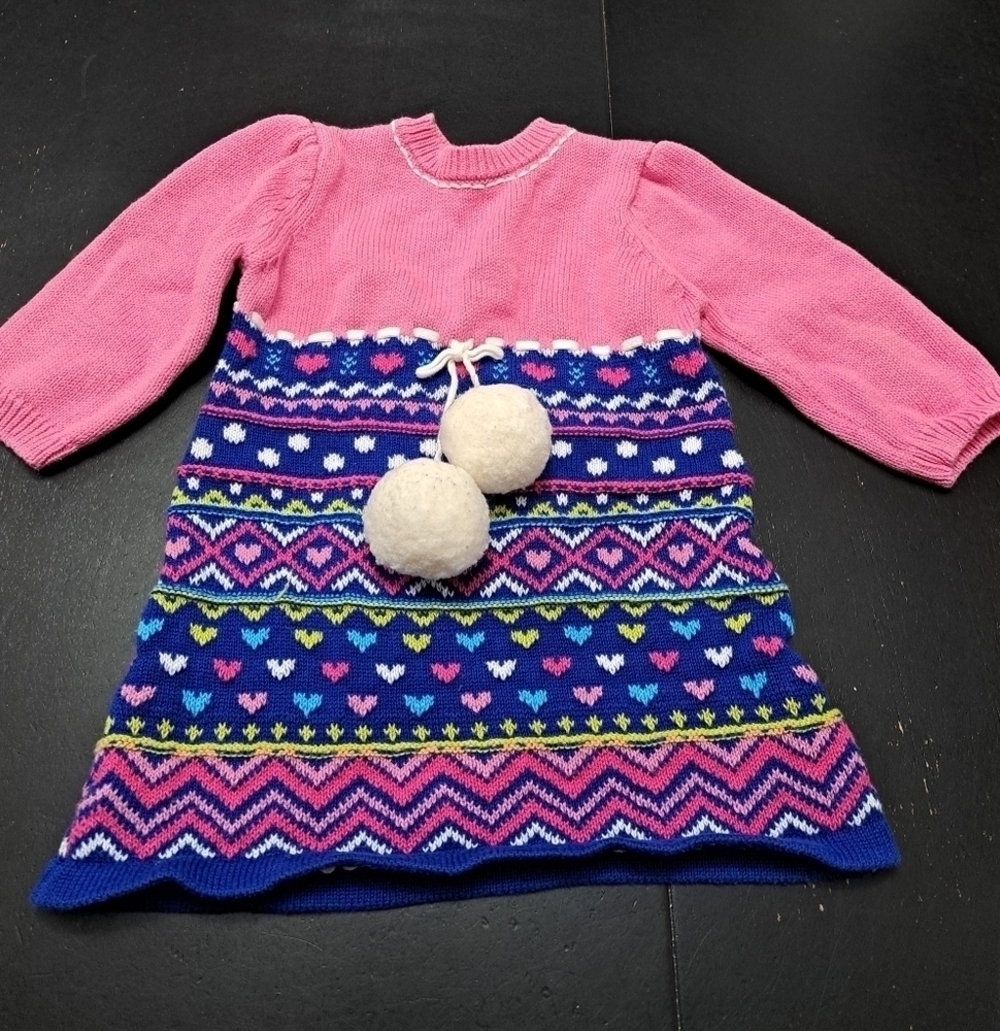 Heartstrings Baby Pink Sweater Dress With Multi Color Patterns  Size 3-6mo